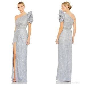 NWT Mac Duggal High Slit One Sleeve Dress In Silver Blue